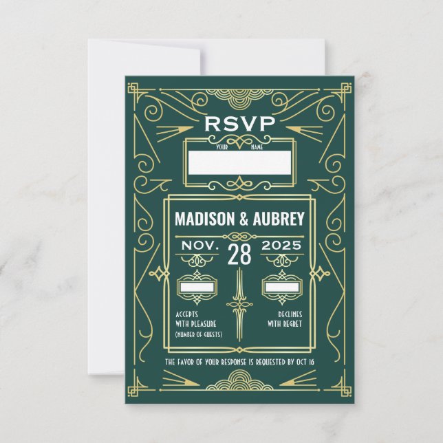 Art Deco Wedding Gold Dark Green RSVP Response (Front)
