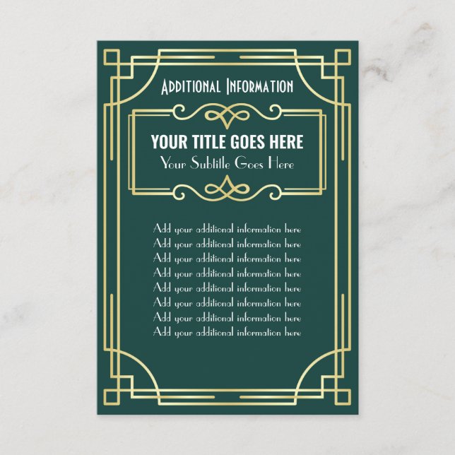 Art Deco Wedding Gold Green Additional Information Enclosure Card (Front)