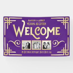 Art Deco Wedding Gold Purple Three Photo Welcome Banner