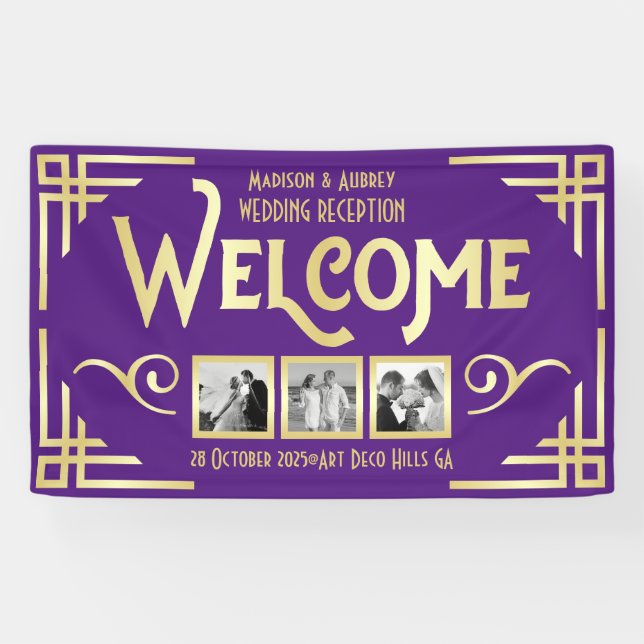 Art Deco Wedding Gold Purple Three Photo Welcome Banner (Horizontal)