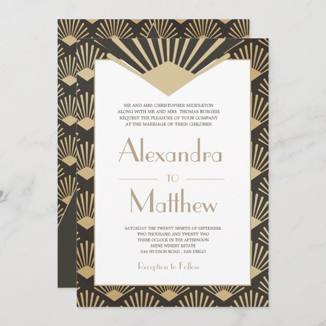 Art Deco Wedding Gold Roaring Twenties Monogram Invitation (Front/Back)