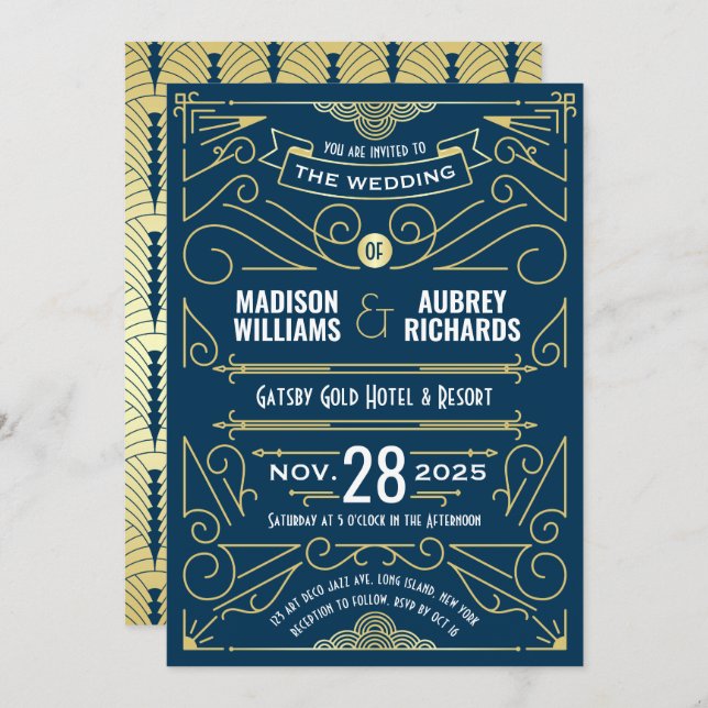 Art Deco Wedding Great Gatsby Elegant Gold Blue Invitation (Front/Back)