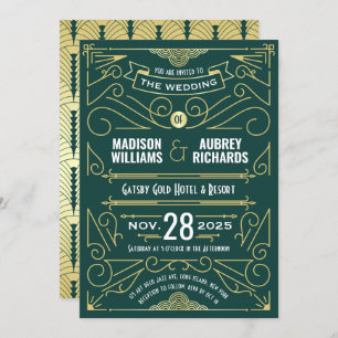 Art Deco Wedding Great Gatsby Elegant Gold Green Invitation