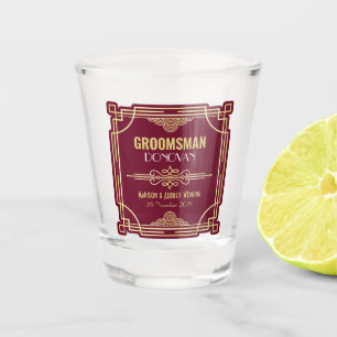 Art Deco Wedding Groomsman Gold Burgundy Favor Shot Glass