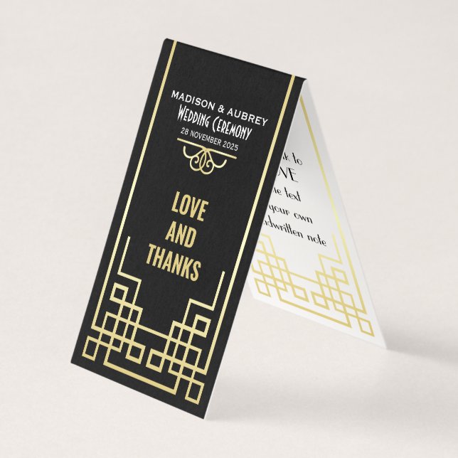Art Deco Wedding Love & Thanks Gold Black Favour (Front)