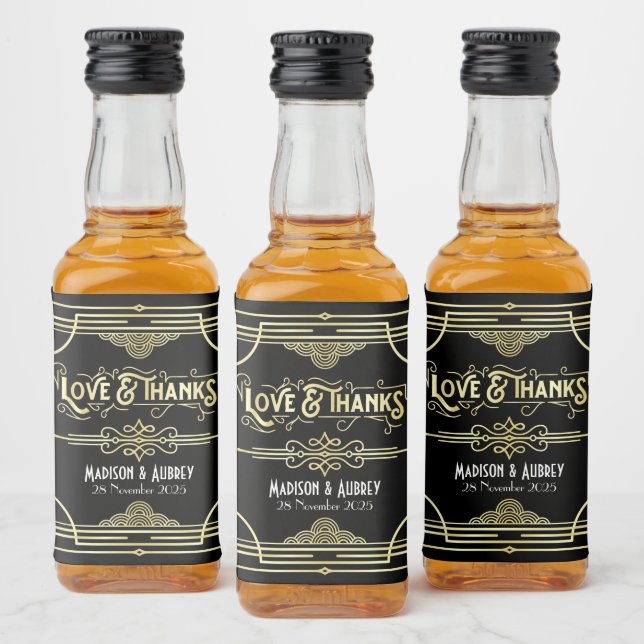 Art Deco Wedding Love & Thanks Gold Black Favour Liquor Bottle Label (Bottles)