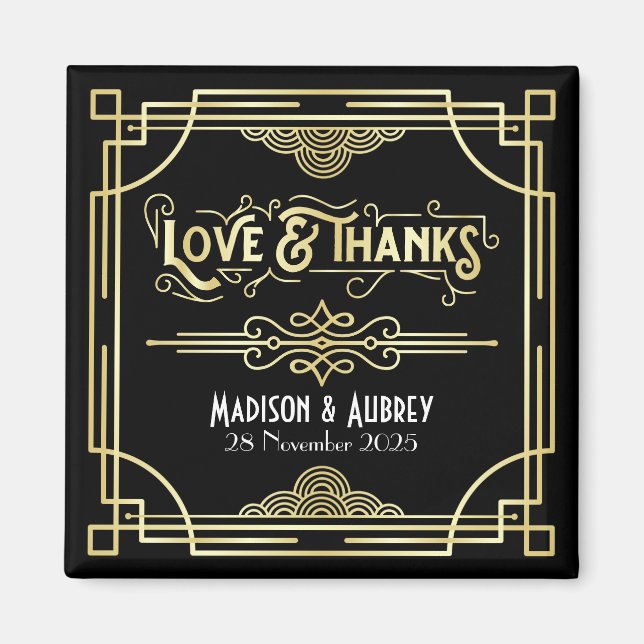 Art Deco Wedding Love & Thanks Gold Black Favour Magnet (Front)