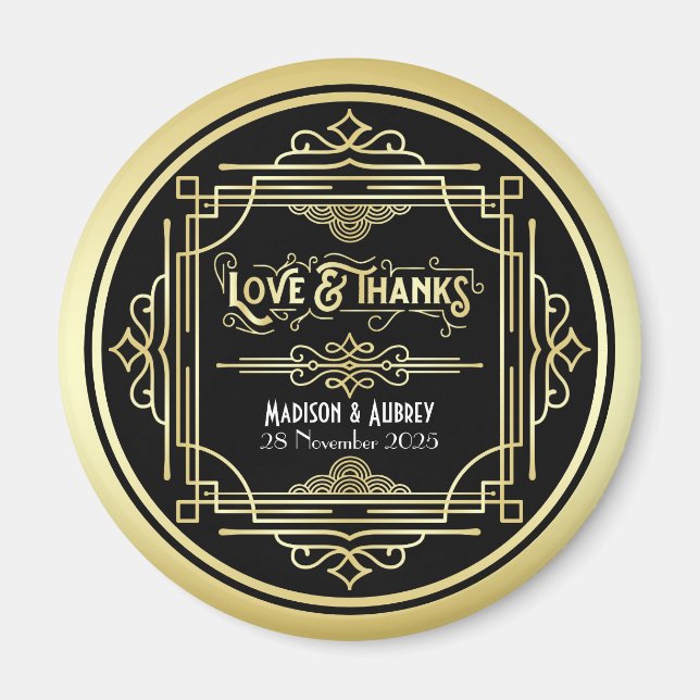 Art Deco Wedding Love & Thanks Gold Black Favour Magnet (Front)