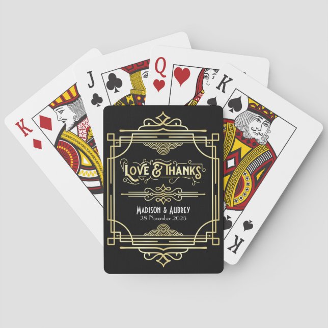 Art Deco Wedding Love & Thanks Gold Black Favour Playing Cards (Back)