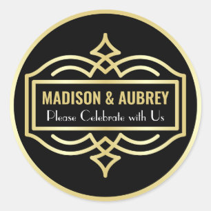 Art Deco Wedding Love & Thanks Gold Black Mailing Classic Round Sticker