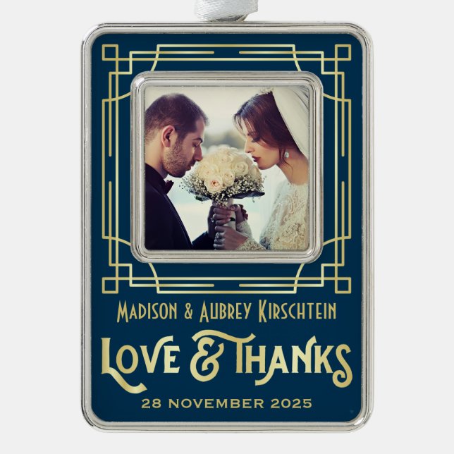 Art Deco Wedding Love & Thanks Gold Blue Add Photo Silver Plated Framed Ornament (Front)