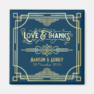 Art Deco Wedding Love & Thanks Gold Blue Favour Magnet