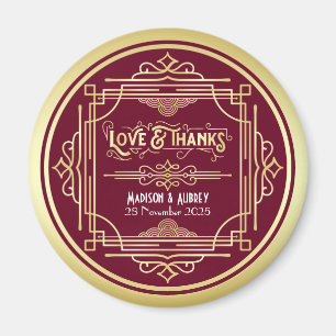 Art Deco Wedding Love & Thanks Gold Burgundy Favor Magnet