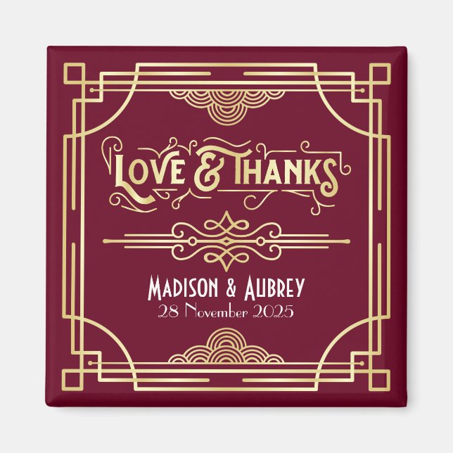 Art Deco Wedding Love & Thanks Gold Burgundy Favou Magnet (Front)