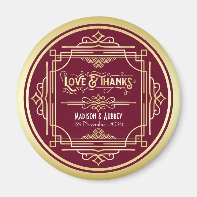 Art Deco Wedding Love & Thanks Gold Burgundy Favou Magnet (Front)