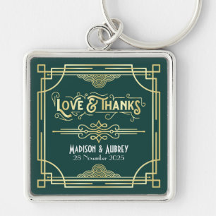 Art Deco Wedding Love & Thanks Gold Green Favor Key Ring