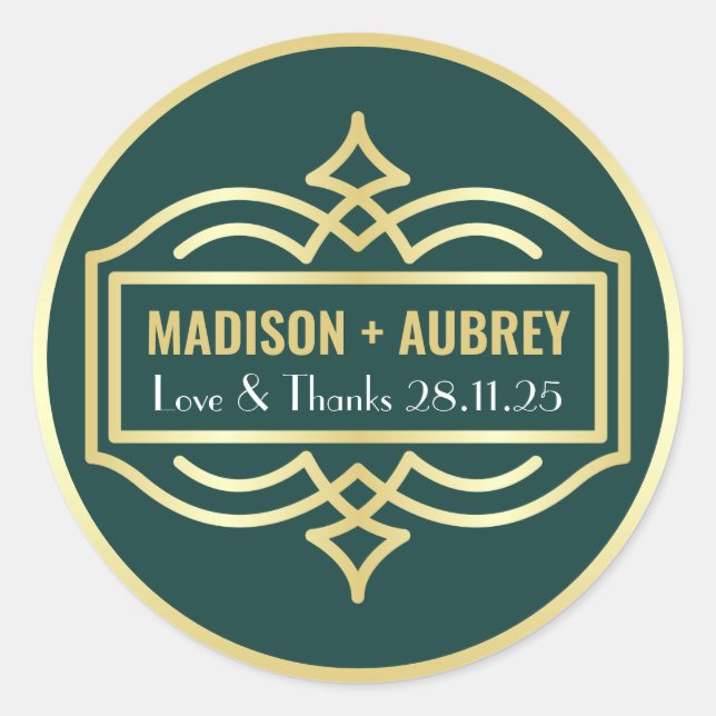 Art Deco Wedding Love & Thanks Gold Green Favour Classic Round Sticker (Front)