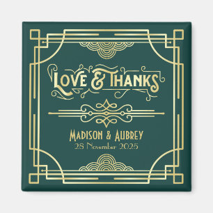 Art Deco Wedding Love & Thanks Gold Green Favour Magnet