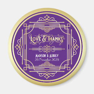Art Deco Wedding Love & Thanks Gold Purple Favor Magnet