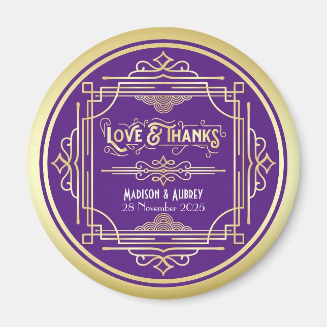 Art Deco Wedding Love & Thanks Gold Purple Favor Magnet (Front)