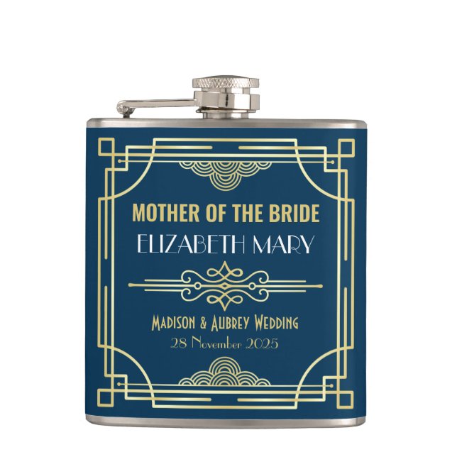 Art Deco Wedding Mother of the Bride Gold Favour Hip Flask (Front)