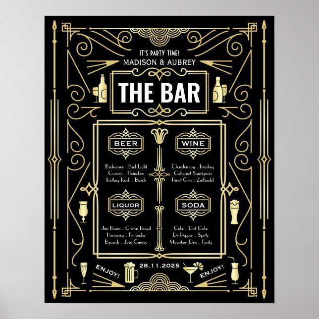 Art Deco Wedding Party Bar Wine Beer Liquor Menu Poster (Front)