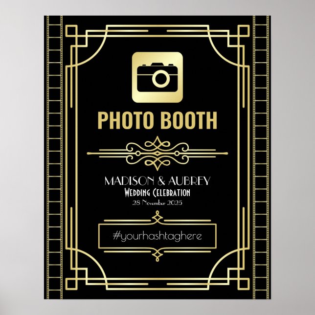 Art Deco Wedding Photo Booth Gold Black Party Sign (Front)