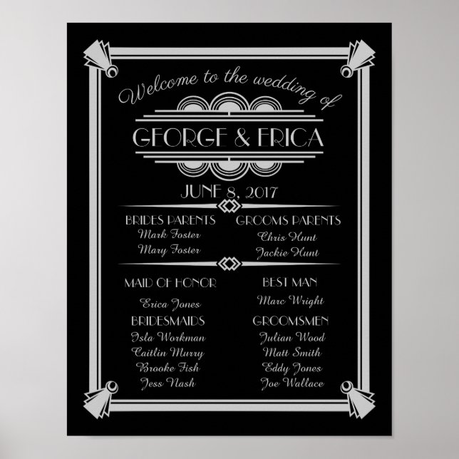 Art Deco wedding program, wedding party silver Poster (Front)