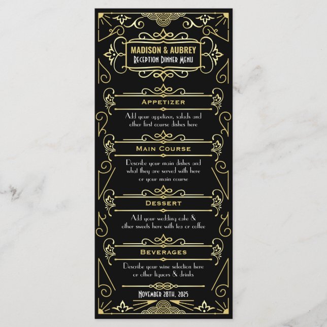 Art Deco Wedding Reception Dinner Gold Black Food Menu (Front)