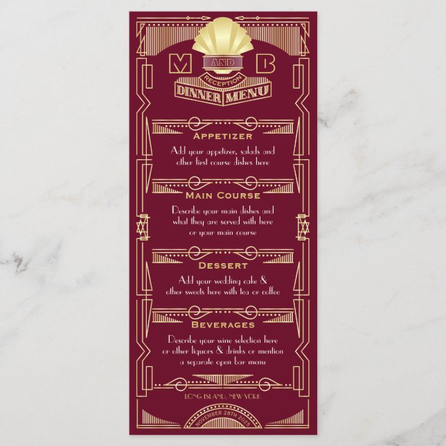 Art Deco Wedding Reception Dinner Gold Burgundy Menu (Front)