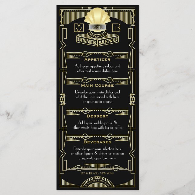 Art Deco Wedding Reception Dinner Party Gold Black Menu (Front)