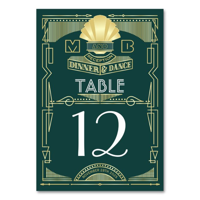 Art Deco Wedding Reception Dinner Party Gold Green Table Number (Front)