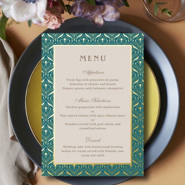 Art Deco Wedding Reception Menu Gold Foil Card (art deco gold foil wedding reception dinner menu cards, indian hindu wedding, sangeet mehndi menu)