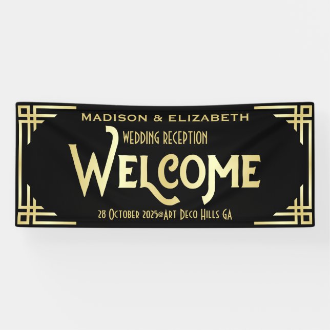 Art Deco Wedding Reception Welcome Gold Black Banner (Horizontal)