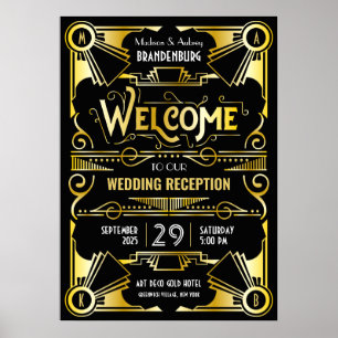 Art Deco Wedding Reception Welcome Gold & Black Poster