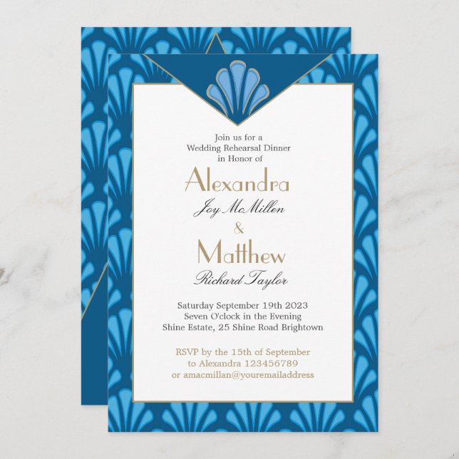 Art Deco Wedding Rehearsal Dinner Blue Vintage Invitation (Front/Back)