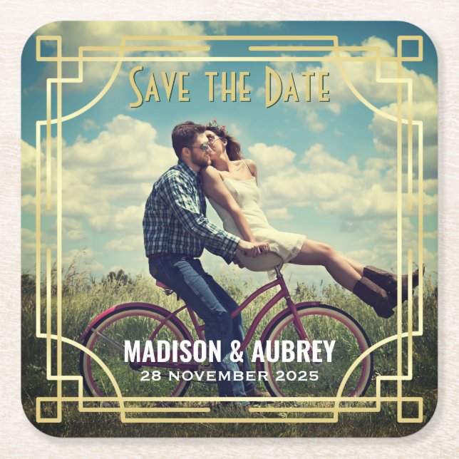 Art Deco Wedding Save the Date Add Your Photo Gold Square Paper Coaster (Front)