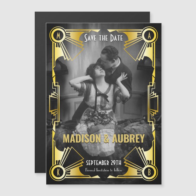 Art Deco Wedding Save the Date Gold & Black Photo Magnetic Invitation (Front/Back)