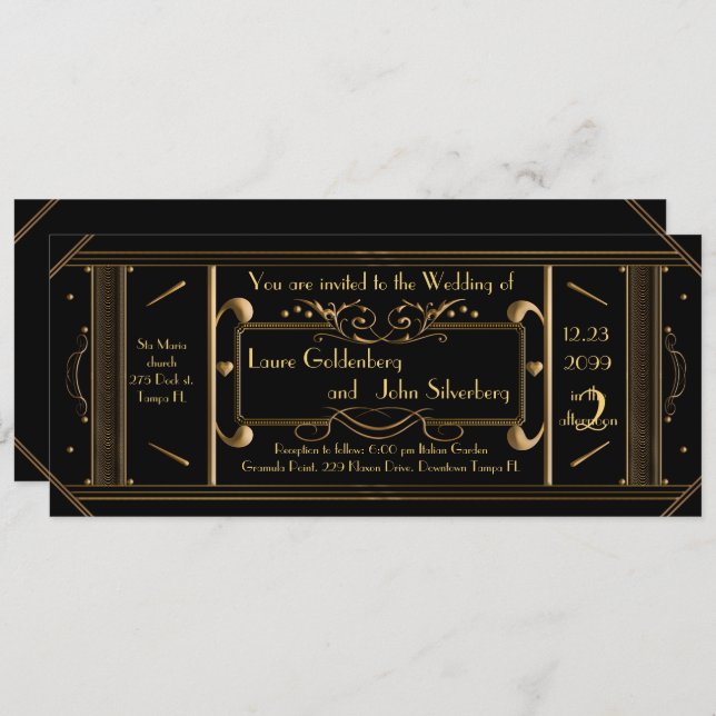 art deco wedding ticket,black, back black invitation (Front/Back)