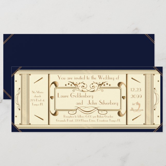 art deco wedding ticket,Ivory, back black Invitation (Front/Back)