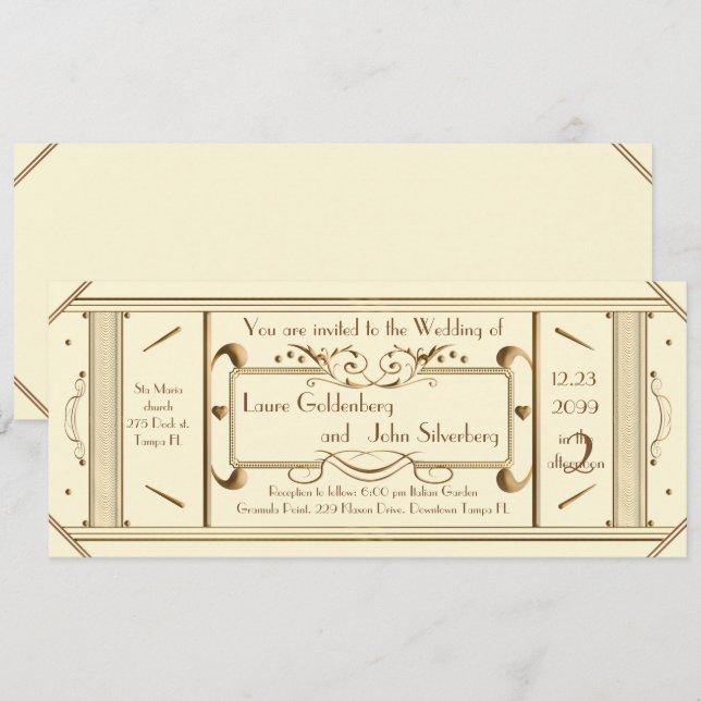 art deco wedding ticket,ivory, back ivory invitation (Front/Back)