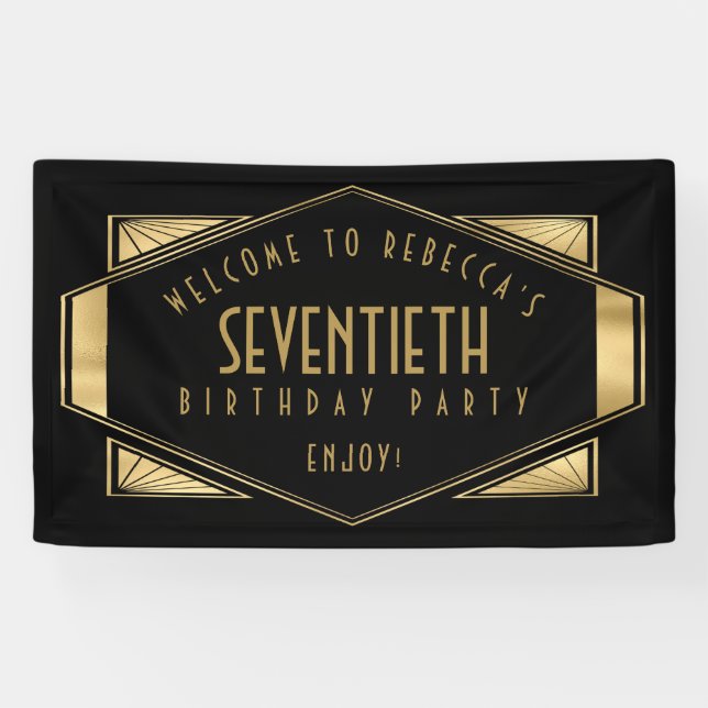 Art Deco Welcome 70th Birthday Party Gold Black  Banner (Horizontal)