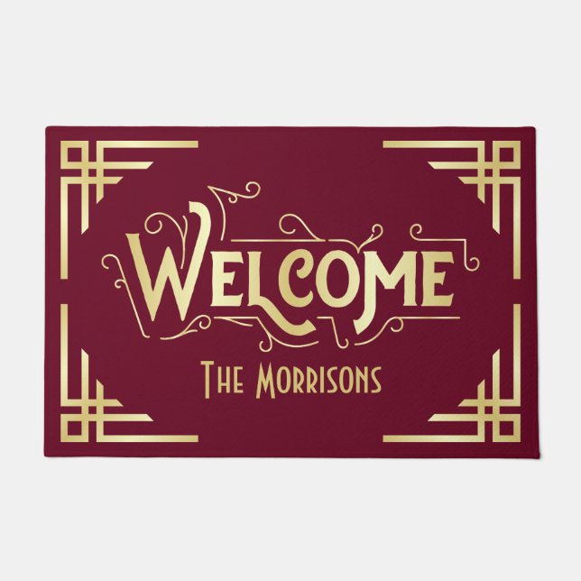 Art Deco Welcome Newlywed Gift Gold Burgundy Doormat (Front)