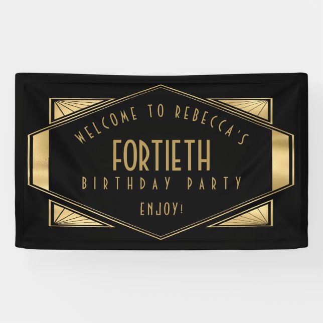 Art Deco Welcome to 40th Birthday Party Gold Black Banner (Horizontal)