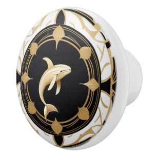 Art Deco Whale Black White Gold Ceramic Knob