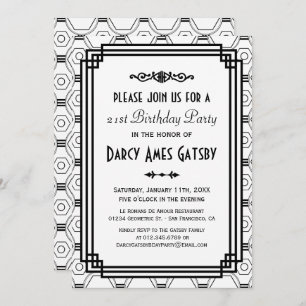 Art Deco White & Black Birthday Party Invites