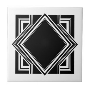 Art Deco White Black Geometric Square Element 05 Ceramic Tile