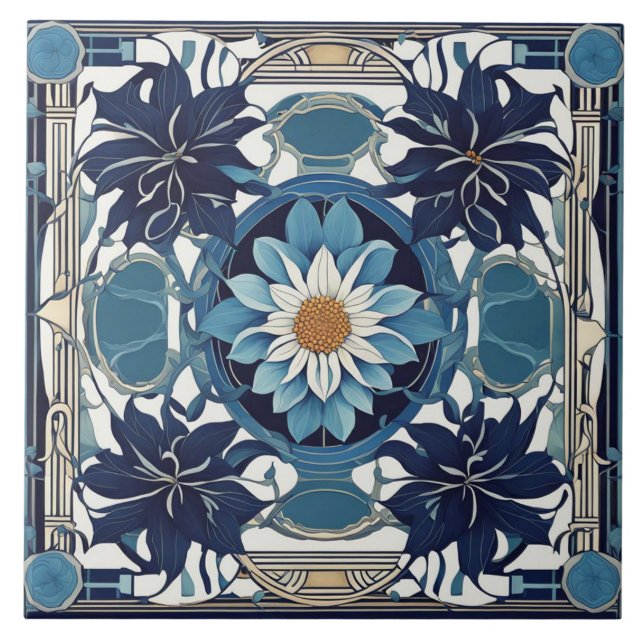 Art Deco White Daisy Flower Art Nouveau Blue Ceramic Tile (Front)
