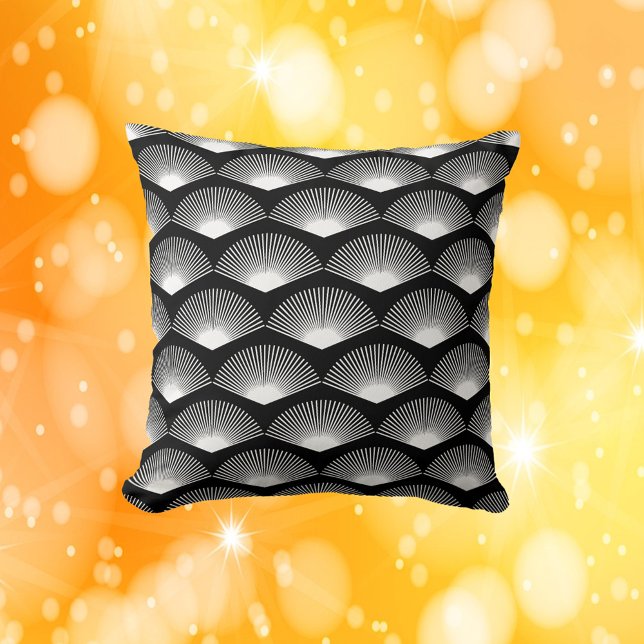 Art Deco White Fan Black Pattern Cushion (A throw pillow with an art deco inspired pattern of white fans on a black background)