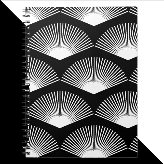Art Deco White Fan Pattern Black Background Notebook (A notebook with an art deco white fan pattern on a black background.)